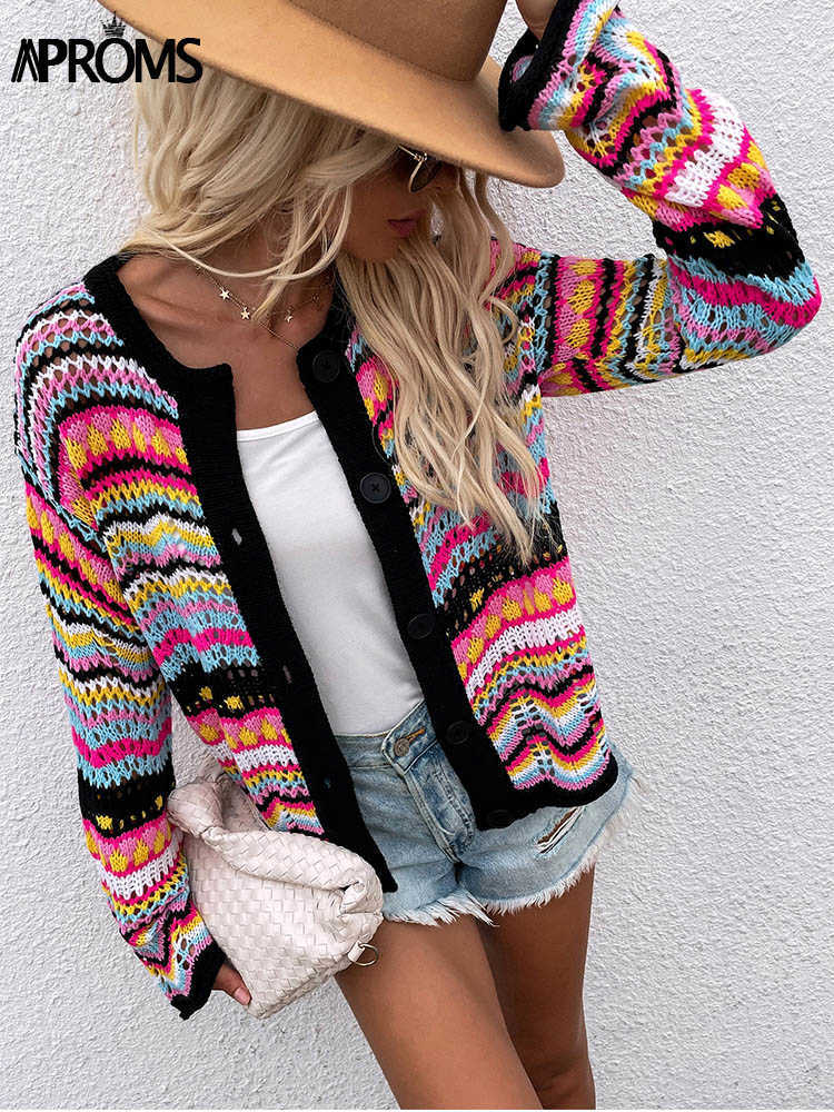 Aproms Elegant Rainbow Colored Long Sleeve Knit Cardigan Women Autumn Hollow Out Oversized Sweater Female Fashion Outerwear 211018