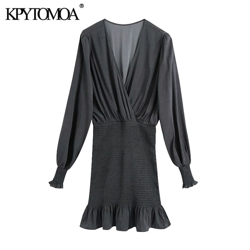Women Chic Fashion Elastic Smocked Hem Ruffled Mini Dress V Neck Long Sleeve Female Dresses Vestidos Mujer 210420
