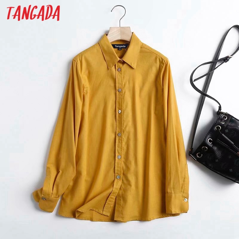Women Solid Cotton Linen Shirts Long Sleeve Turn Down Collar Elegant Office Ladies Work Wear Blouses 4C72 210416