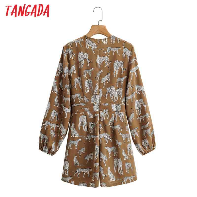 Women Vintage V Neck Animal Playsuits Long Sleeve Rompers Ladies Casual Chic Jumpsuits 1F62 210416