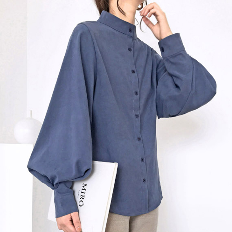 Women Shirt Blouses Lantern Long Sleeve Plus Size Solid Stand Collar Casual Blouse For Blusas 2516 210512