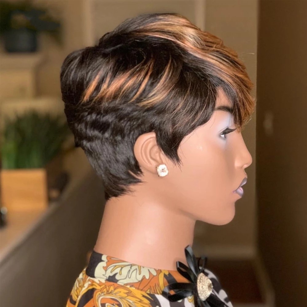 Short Honey Blonde Ombre Color Brazilian Human Hair Bob Wig With Bangs Pixie Cut Straight Non Lace Front Wigs For Women