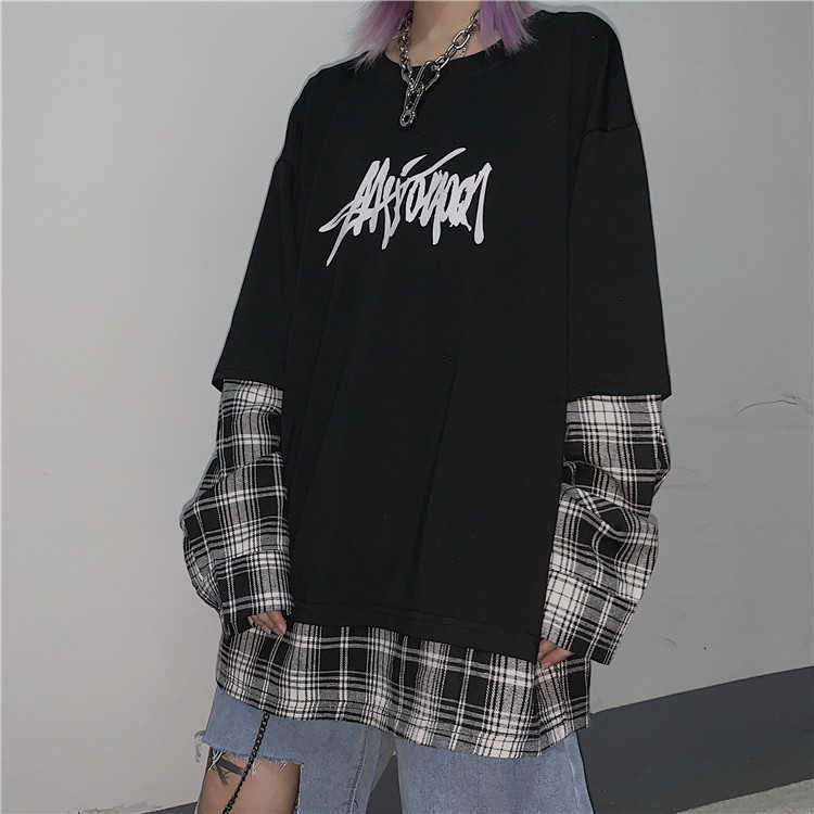 Autumn Korean ins Harajuku streetwear vintage dark letter print fake two bf loose long-sleeved Plaid casual women sweatshirt 210608, Black
Autumn Korean ins Harajuku streetwear vintage dark letter print fake two bf loose long-sleeved Plaid casual women sweatshirt 210608, Black
