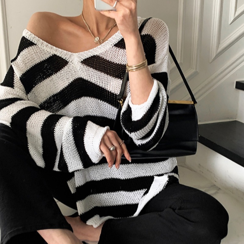 Summer Thin Knitted Pullover Sweater Women Full Sleeve V-neck Sunsreen Tops Korean Fashion Ladies Jumpers Femme 210514