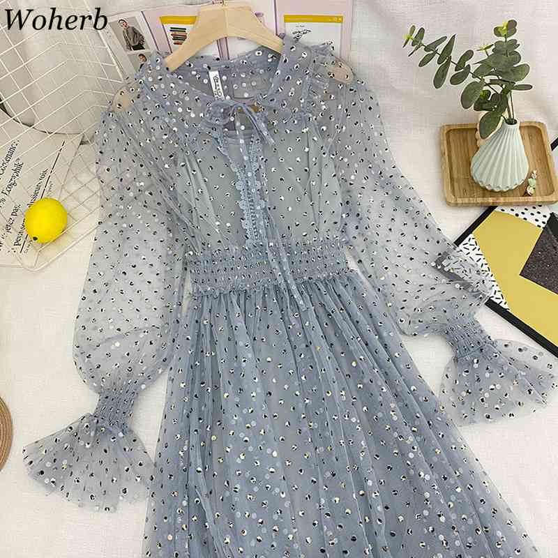 Women Sweet Bling Sequined Patch Lace Mesh Dress Solid Color Ruffle Robe Cute Long Dresses Summer Vestidos 210519