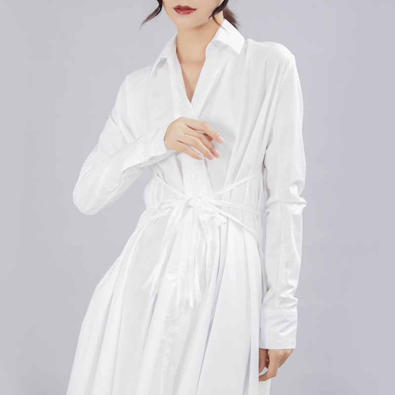 [EAM] New Spring Autumn Lapel Long Sleeve Button Bandage Stitch Pleated Irregular Shirt Dress Women Fashion Tide JY778 210409