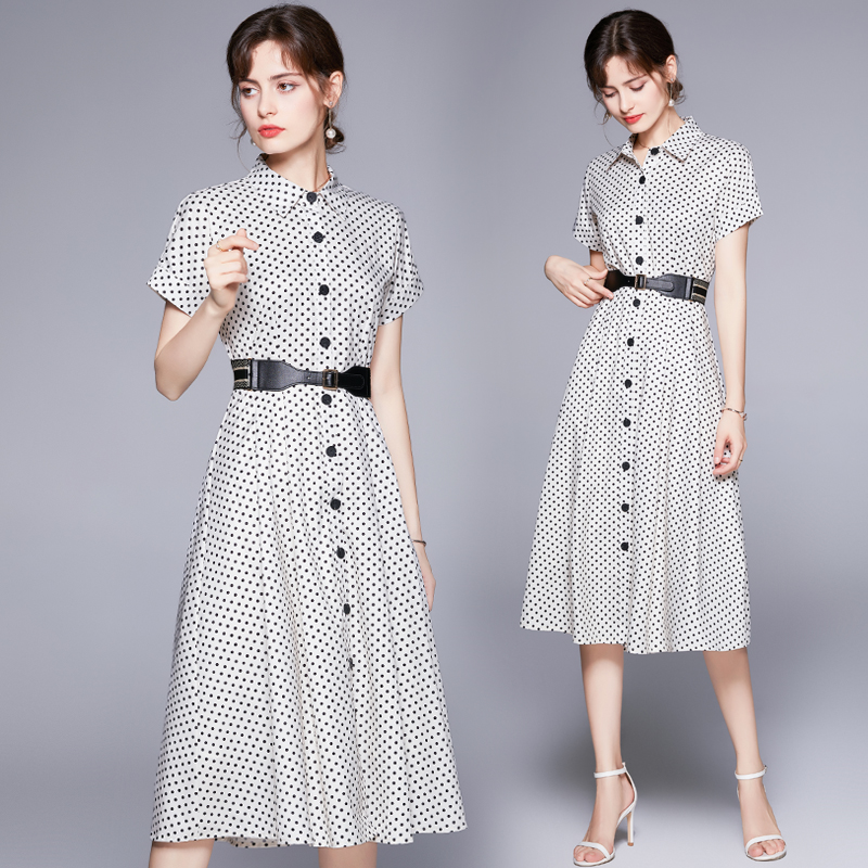 2021 Fashion Polka Dot Shirt Dress Runway Designer Elegant Ladies Button Short Sleeve Lapel Casual Office Midi Dresses Classic Belt A-Line Party Women Clothes Summer
2021 Fashion Polka Dot Shirt Dress Runway Designer Elegant Ladies Button Short Sleeve Lapel Casual Office Midi Dresses Classic Belt A-Line Party Women Clothes Summer