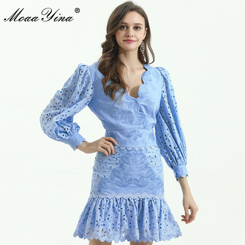 Fashion Designer Set Spring Women V-neck Lantern Sleeve Tops+Package hip Skirt Hollow out Embroidery Two-piece sets 210524, Blue
Fashion Designer Set Spring Women V-neck Lantern Sleeve Tops+Package hip Skirt Hollow out Embroidery Two-piece sets 210524, Blue