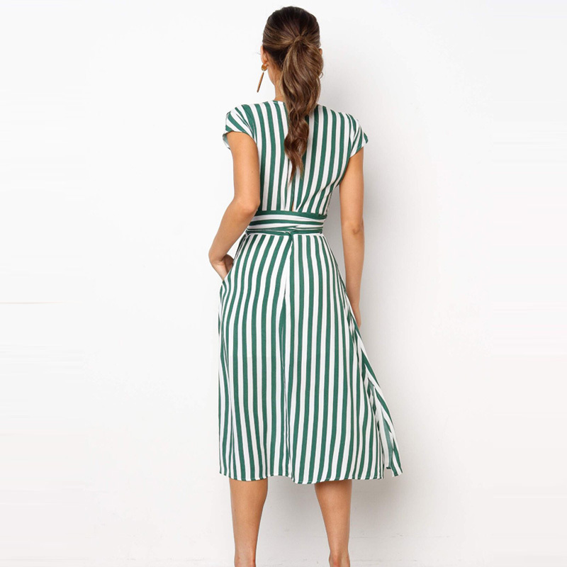 Lossky Summer Women Stripe Long Dress Sexy Deep V-neck Elegant Ladies Dresses Womens Clothing Midi Dress For Women Casual 210331