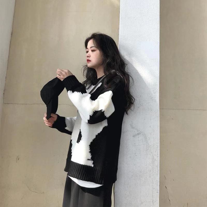 Sweaters Women Harajuku Knitted Korean Style Streetwear Milk Cow Pullover Printed All-match Loose Modis 210422