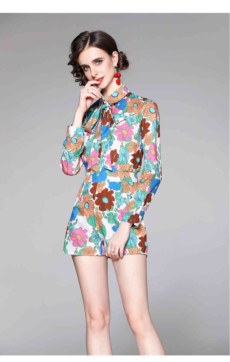 Women's Summer Two Piece Set Vintage Print Bowknot Turn Down Collar Long Sleeve Shirt Top + Casual Short Suit 210519