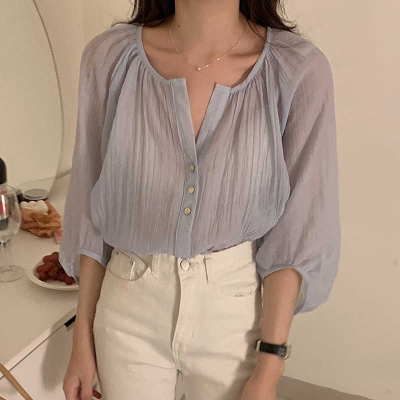 Korejpaa Women Shirt Summer Temperament Single-Breasted Seven-Point Lantern Sleeves Micro-Transparent Sunscreen Blouses 210526