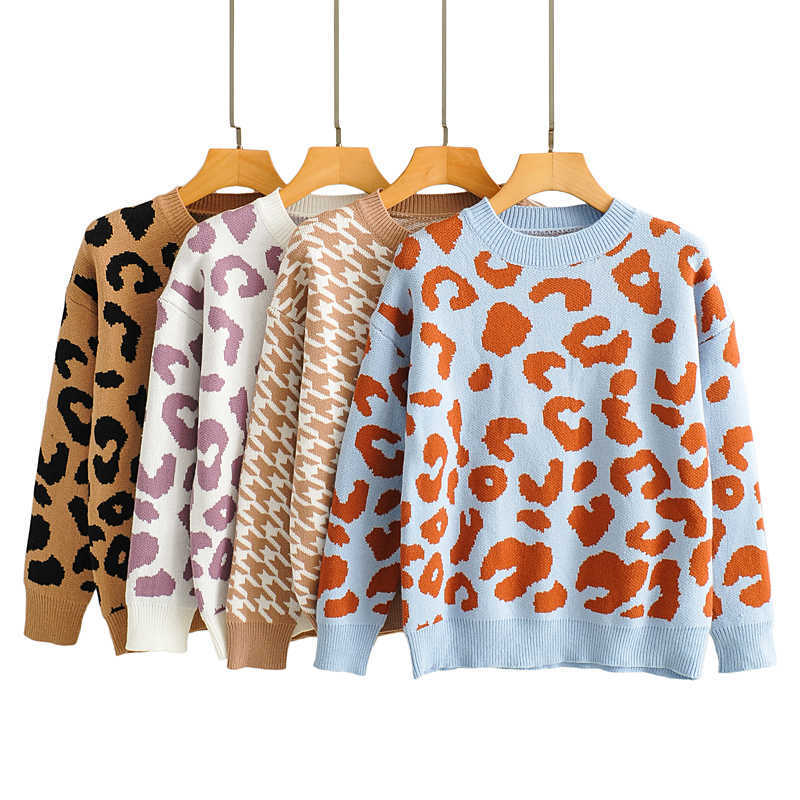 Tangada women leopard knitted sweater winter animal print winter thick long sleeve female pullovers casual tops 2X05 210918