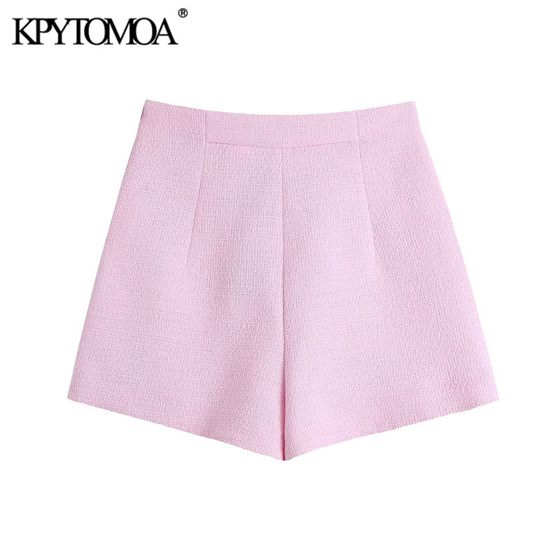 Women Fashion With Metal Buttons Tweed Bermuda Shorts High Waist Back Zipper Female Short Pants Mujer 210420