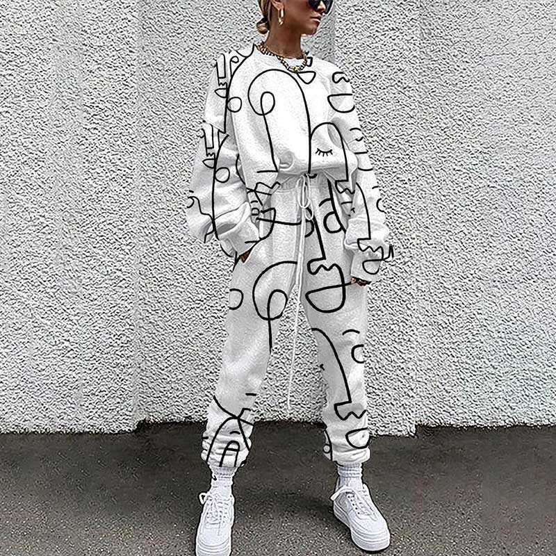 Women Tracksuit Two Piece Pullovers Cloting Long Sleeve Tie-dye Print Female Tops And Elastic Waist Pants Slim Casual Streetwear 210709