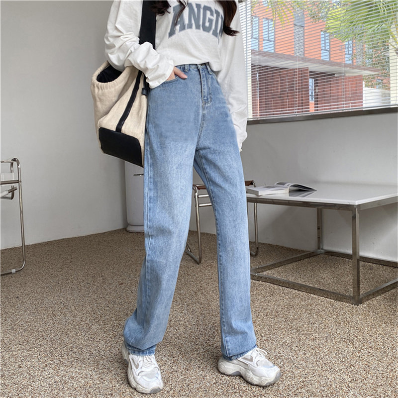 High Waist All Match Hearts Streetwear Women Light Washed Casual Straight Plus Size Denim Pants Loose Wild Trousers 210421