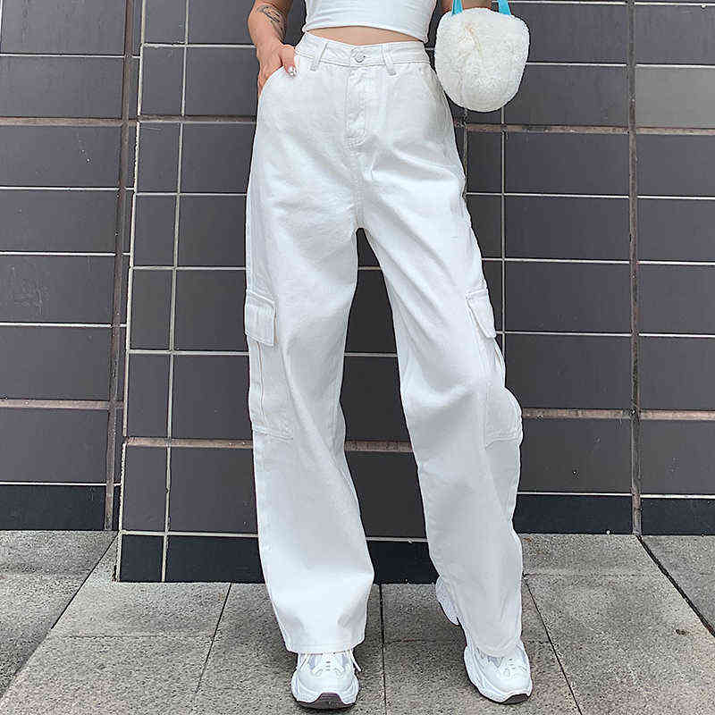 Weekeep Pockets Patchwork High Waist Jeans Women Streetwear Straight Jean Femme Blue 100% Cotton Cargo Pants 211112