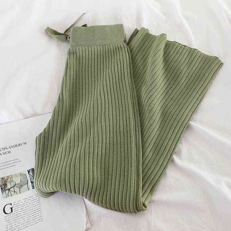 Neploe Winter Autumn Knitted Wide Leg Pants Women Korean Solid Pit Long Trousers Elastic Lace Up Plus Size Sweatpants 211115