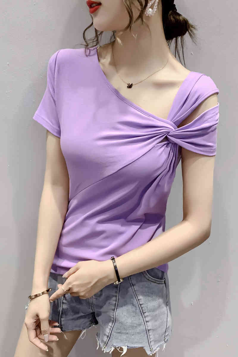Korean Solid Asymmetrical Neck T shirts Summer Short-Sleeved T-shirt Women's clothes Slim TShirt Harajuku shirt 96i 210420