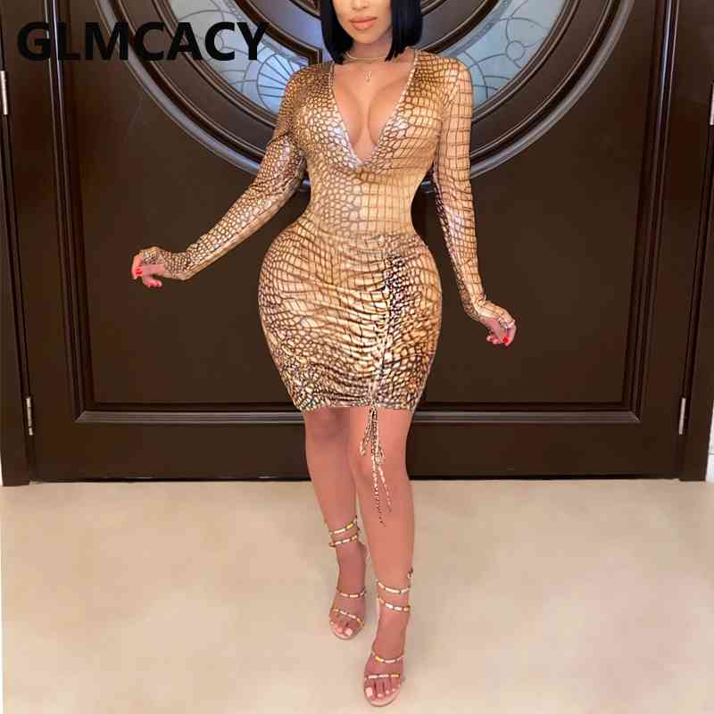 Women Long Sleeve V Neck Bodycon Dress Sexy Club Party Dresses 210702