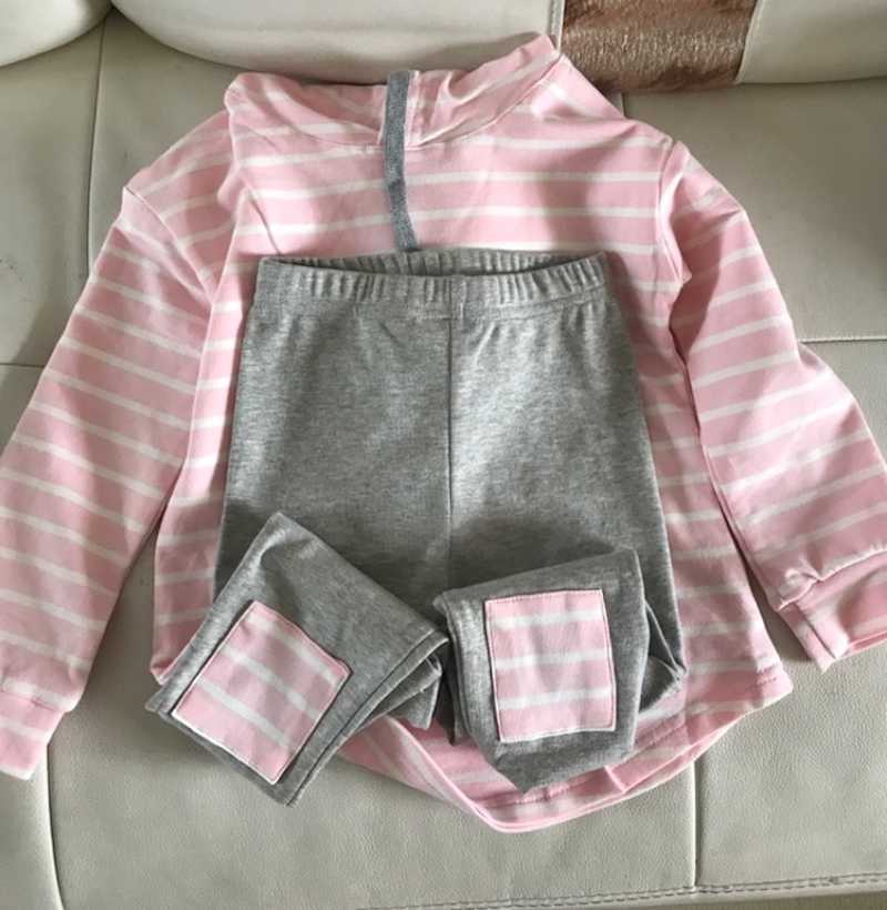 Autumn Spring 2 3 4 6 7 8 Years Striped Long Sleeve Cotton Hoodies Tops+Leggings Baby Kids Girl 2Pcs Outfits Clothing Sets 210529