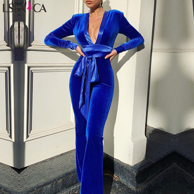 Jumpsuit long sleeve V-neck and waist bandage casual women jumpsuit blue streetwear elegant party autumn winter 210515