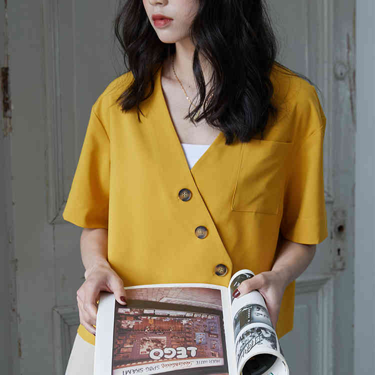 spring Vintage yellow Shirt female Oversize Tops short sleeve Girls Blouse Summer Plus Size Women Blouses femme Blusas 210417