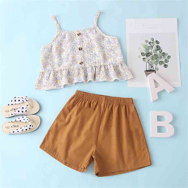 Summer Children Sets Casual Strap Single Breasted Floral Ruffles Tops Brown Solid Shorts 2Pcs Boys Clothes 210629
Summer Children Sets Casual Strap Single Breasted Floral Ruffles Tops Brown Solid Shorts 2Pcs Boys Clothes 210629