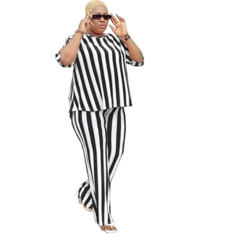 Women's Stripe Printed 2 Piece Sets Tracksuit Women Casual Plus Size Office Lady Tops and Wide Leg Pants Set For Women 211007