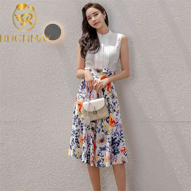 Women Summer 2 Pieces Suits White Sleeveless Shirts Top And Lace-up Print Skirts OL Casual Work Wear Set 210506