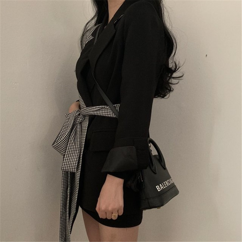 Korean Patchwork Chic Plaid Irregular Fashion Slim Autumn Full Sleeves High Quality Lace-Up Women OL Blazers 210421