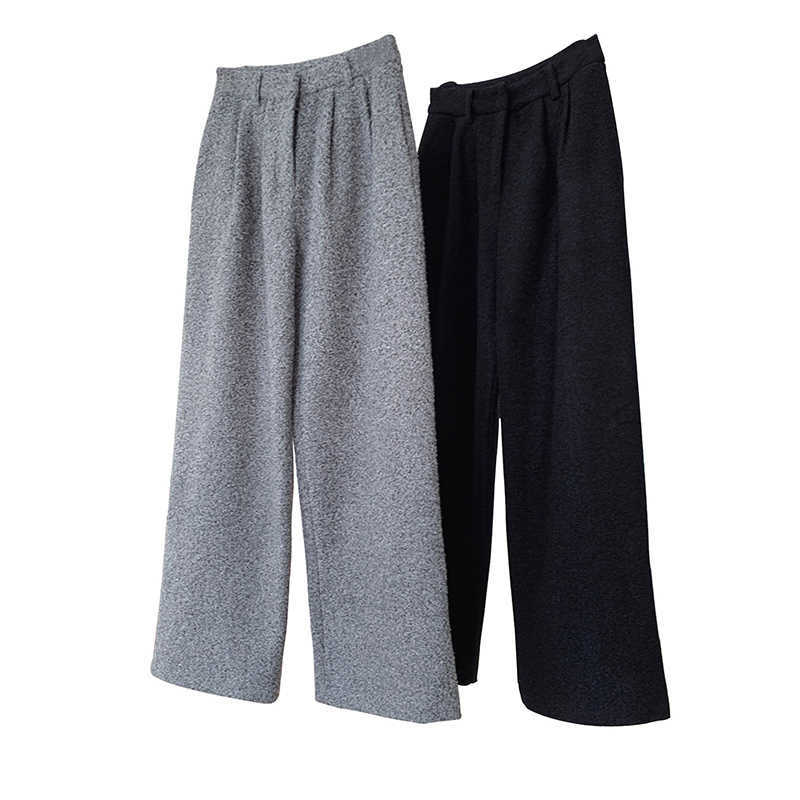 LANMREM High Waist Wide Legs Woolen Blend Trousers For Women Autumn Winter Gray Black Color Female Casual Pants 2C351 211115