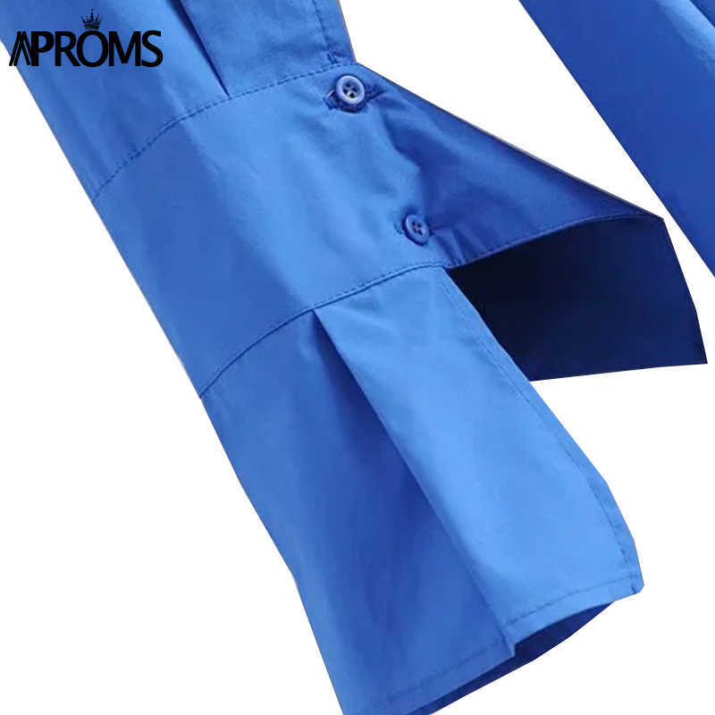 Aproms Elegant Blue Cotton Shirt Dress Women Spring High Fashion Solid Color Flared Sleeve Bodycon Mini Dresses OL Vestidos 210630