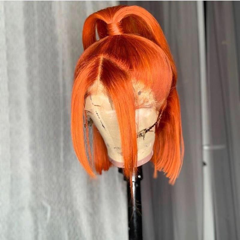 Synthetic Wigs Middle Part Ginger Orange Silky Straight Preplucked Short Bob Lace Front For Black Women Closure Baby Hair