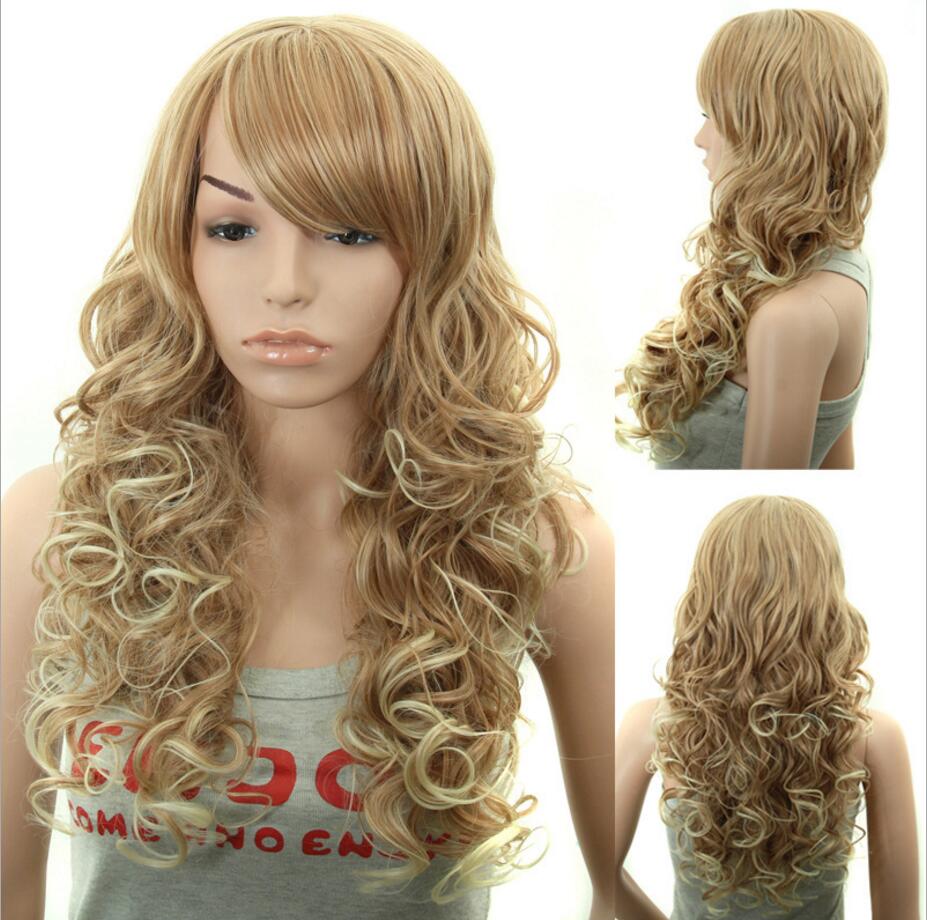 New Fashion Long Curly Blond Highlighted Brown Synthetic wig with Qi Bangs women's Hair wigs for life Cosplay