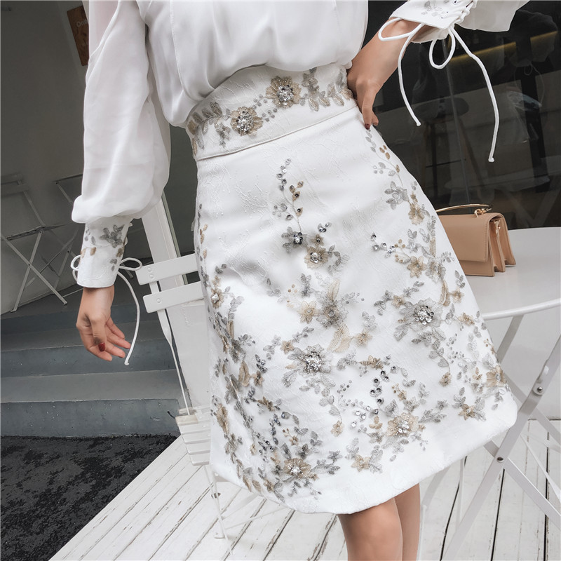 Autumn Women 2 Piece Outfits fashion white Long Sleeve Chiffon Blouse+High Waist Floral Sequins embroidery Midi Skirt Suit 210518
