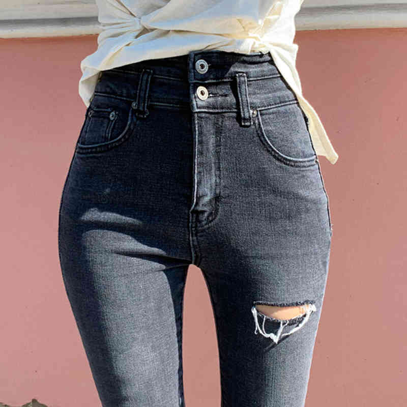 Dark Grey Female Streetwear Ripped Holes Pencil Jeans Women High Waist Skinny Stretch Denim Pants Femme 10398 210417