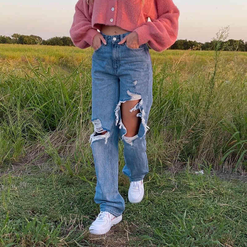 Fashion women long Jeans wide leg Ripped jeans Casual female high quality blue denim pants waist trousers 210524