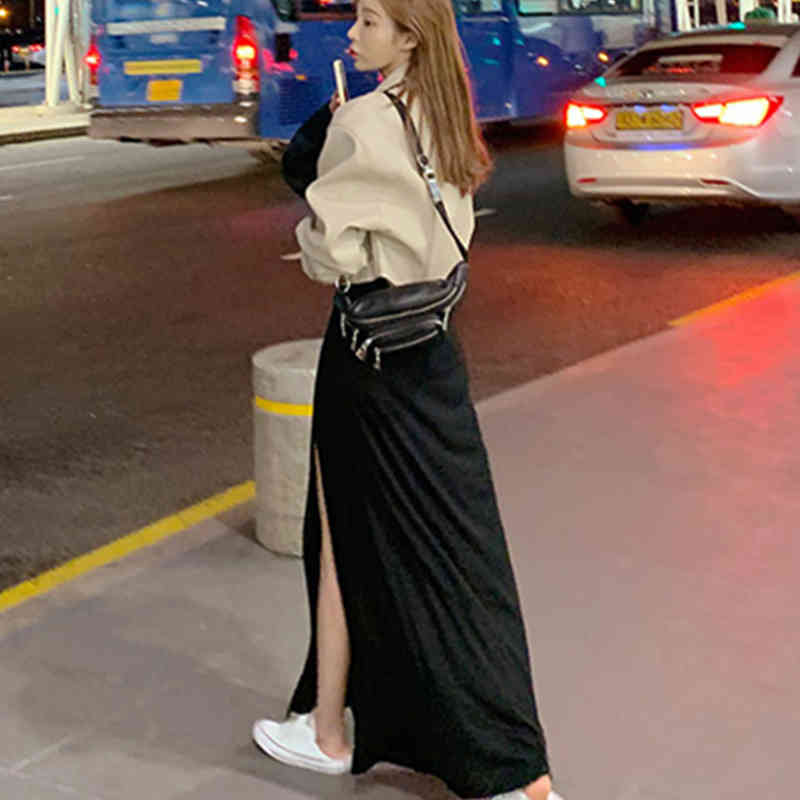 Skirts Women Korean Chic Slim Sexy High Waist Black Split Skirt Pleated Temperament Summer Fashion Faldas Mujer Moda Elegant 210429
