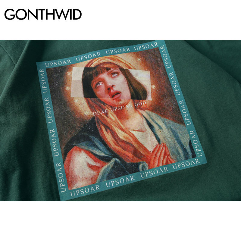 GONTHWID Virgin Mary Men's T-Shirts Funny Printed Short Sleeve Tshirts Summer Hip Hop Casual Cotton Tops Tees Streetwear 210329