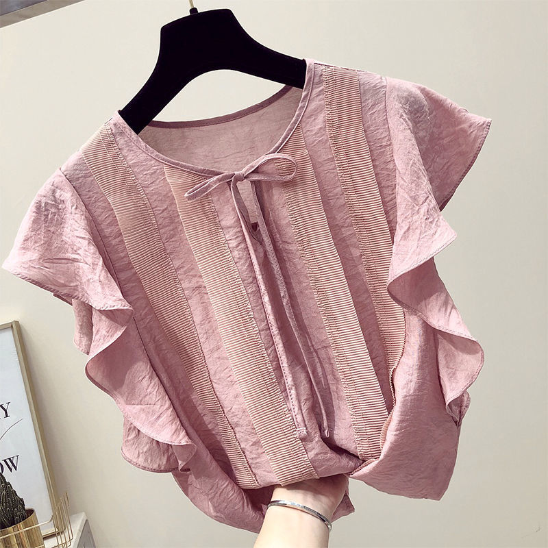 Summer Retro Women Chiffon Blouses Chic Short Sleeve Ruffles Solid Elegance Sweet All Match Girls Shirts Blusas25934 210519