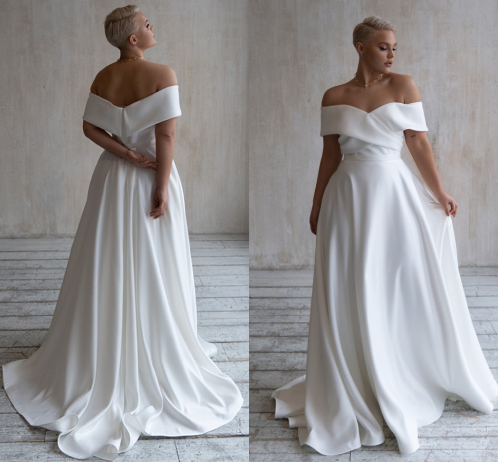 New Wedding Dress Plus Size 2021 Off The Shoulder Simple A Line Soft Satin Bridal Gown Sweep Train for Big Bride