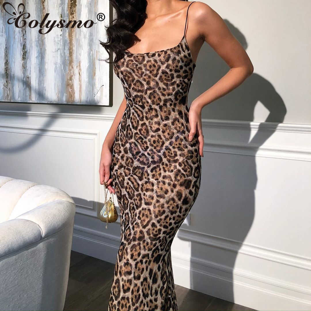 Colysmo Leopard Maxi Dress Women Spaghetti Strap Backless Vintage Sexy Beach Elegant Long es Animal Print Vestidos 210527
