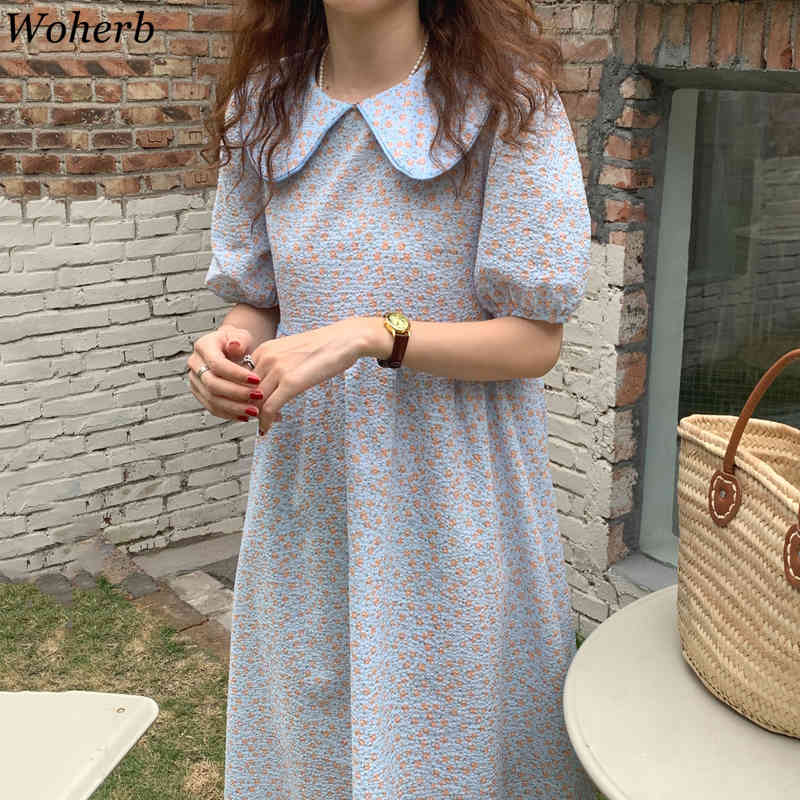 Cute Peter Pan Collar Vestidos De Mujer Floral Print Elegant Dress Chic Maxi es Femme Summer Sweet Robe 210519