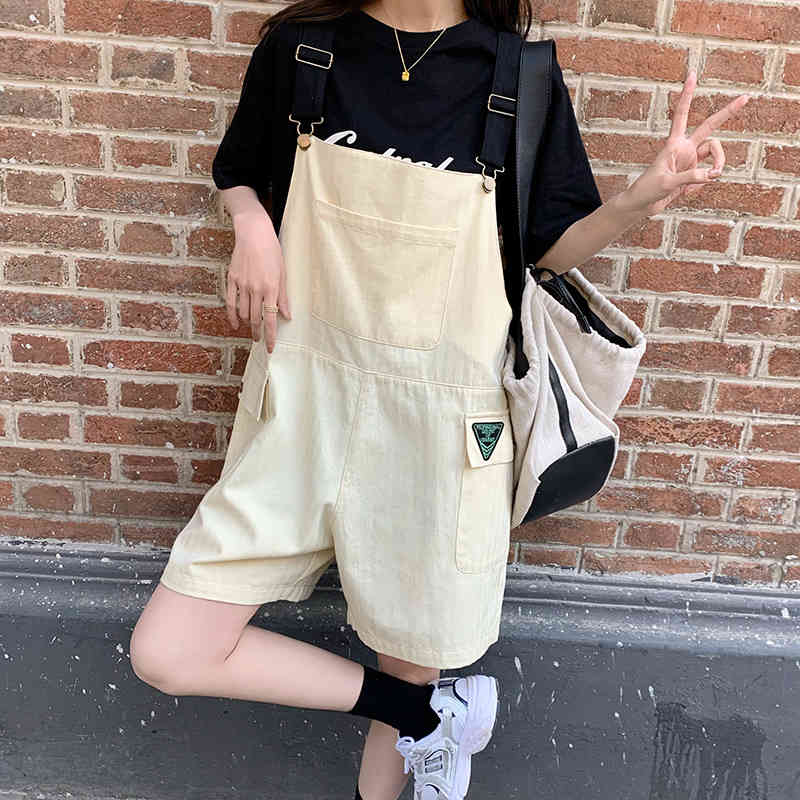 SML Summer korean preppy style Black Jumpsuit Denim Overalls Loose Casual Girls Beige Jeans Shorts womens (72852) 210423