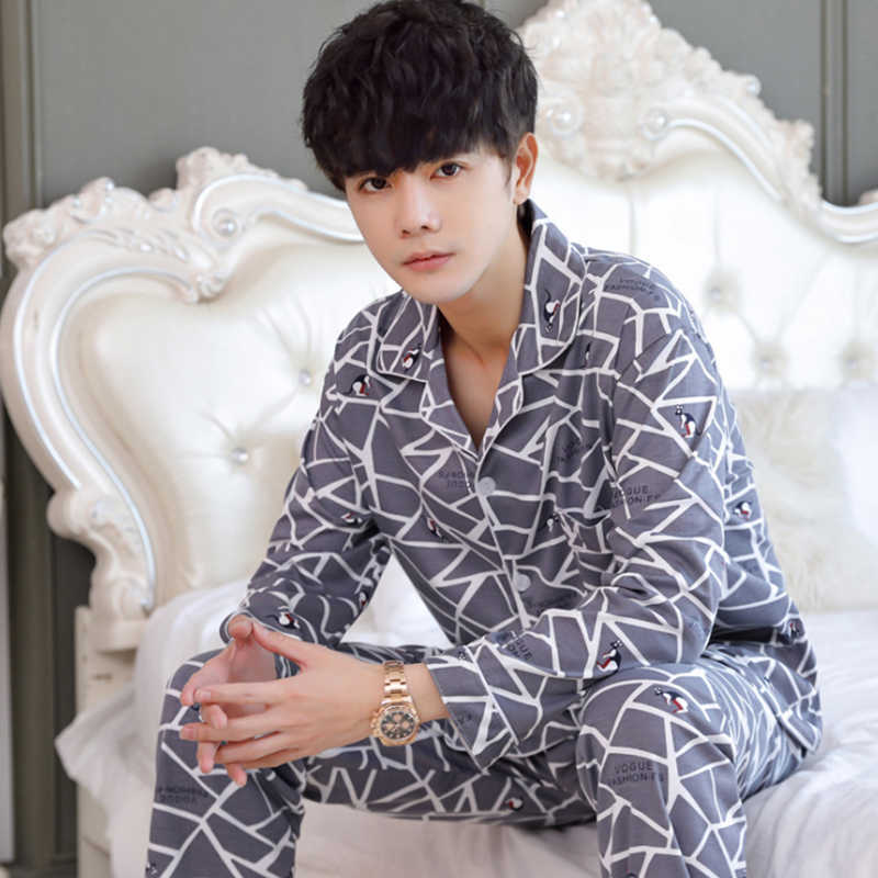 Autumn Winter Men's Cotton Pajamas Letter Striped Sleepwear Cartoon Pajama Sets Casual Sleep&Lounge Pyjamas Plus Size 3XL Pijama 211019