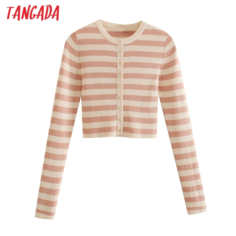 Women Striped Cropped Knitted Cardigan Sweater Thin Spring Long Sleeve Female Outerwear Chic Tops BE338 210416