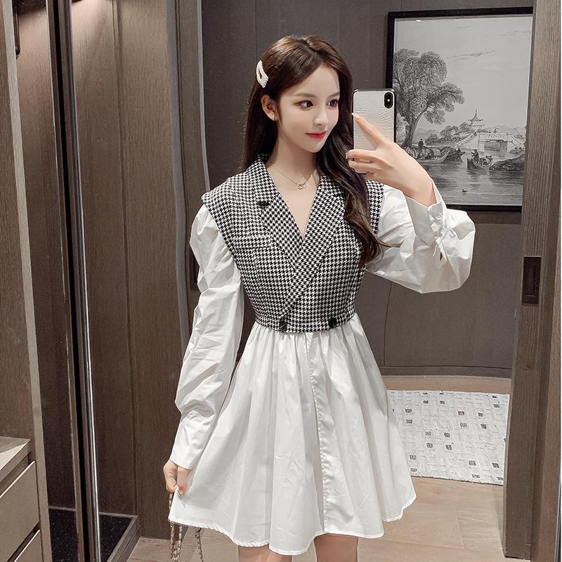 Casual Dresses 2021 Autumn French Niche Plaid A-line Waist Contrast Stitching Suit Collar Dress Long Sleeve Fashion Women