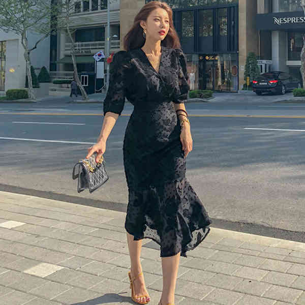 Korea Women Party Dress Spring fashion Office OL chiffon Half Sleeve Ruffles Bodycon Mermaid Midi 210519