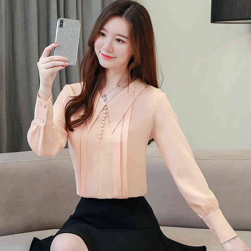 Autumn Lantern Long Sleeve Slim Top Female Chiffon Blouse Korean Solid V-neck Office Lady Style Women's Shirt Pullover 11100 210427